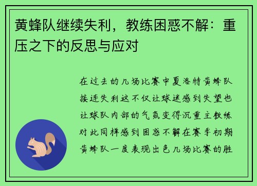 黄蜂队继续失利，教练困惑不解：重压之下的反思与应对